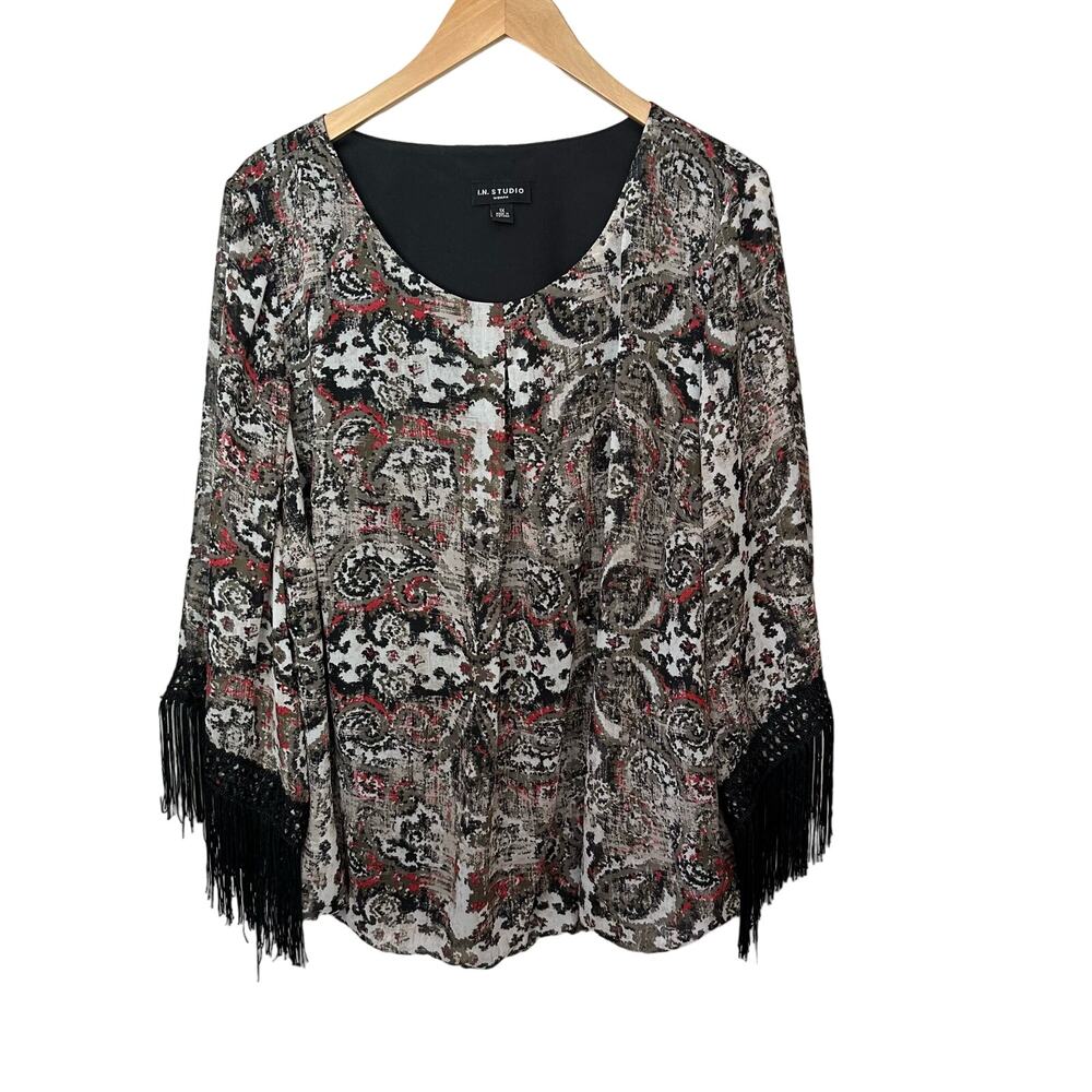 Boho‎ Festival Fringe Blouse Womens Plus Size 1X I.N. Studio Elastic Hem Casual